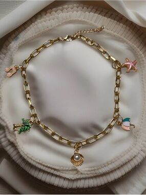 Handmade Gold Tone Charm Necklace with Beach Theme Accents 12” Mother’s Day gift